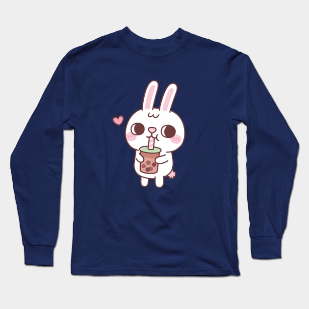 Cute Little White Rabbit Loves Drinking Bubble Tea Long Sleeve T-Shirt by rustydoodle